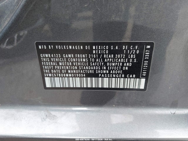 2021 Volkswagen Jetta 1.4t R-line/1.4t S/1.4t Se მანქანა იყიდება აუქციონზე, vin: 3VWC57BU8MM019094, აუქციონის ნომერი: 45879258
