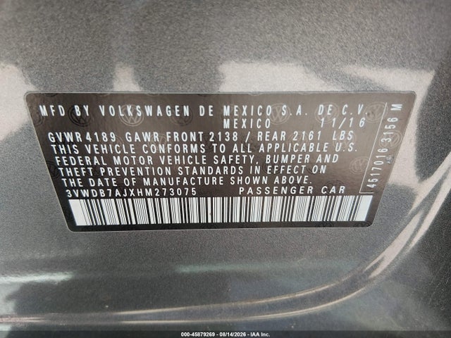 2017 Volkswagen Jetta 1.4t Se მანქანა იყიდება აუქციონზე, vin: 3VWDB7AJXHM273075, აუქციონის ნომერი: 45879269