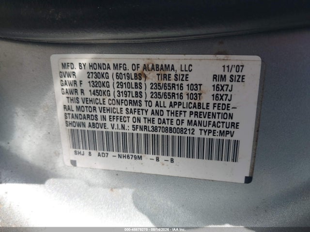 Aukcja sprzedaży 2008 Honda Odyssey Ex-l, vin: 5FNRL38708B008212, numer aukcji: 45879270