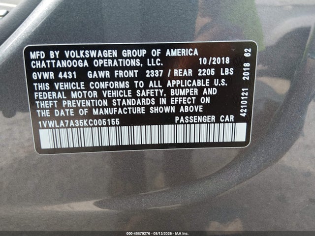 Продажа на аукционе авто 2019 Volkswagen Passat 2.0t Wolfsburg Edition, vin: 1VWLA7A35KC005155, номер лота: 45879276