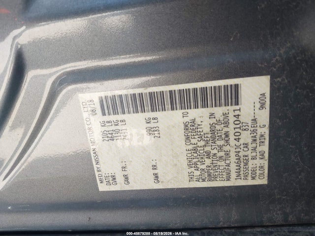 Aukcja sprzedaży 2018 Nissan Maxima 3.5 Sv, vin: 1N4AA6AP4JC401041, numer aukcji: 45879288