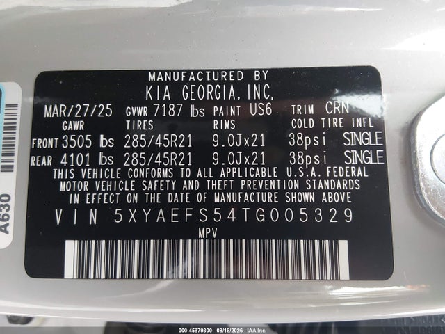 2026 Kia Ev9 Gt-line მანქანა იყიდება აუქციონზე, vin: 5XYAEFS54TG005329, აუქციონის ნომერი: 45879300
