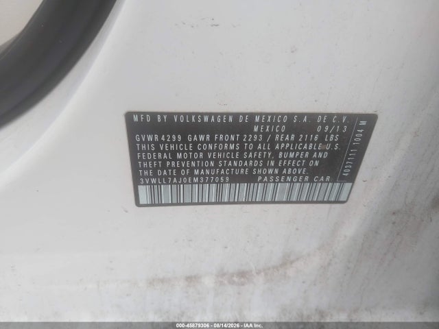 2014 Volkswagen Jetta 2.0l Tdi მანქანა იყიდება აუქციონზე, vin: 3VWLL7AJ0EM377059, აუქციონის ნომერი: 45879306
