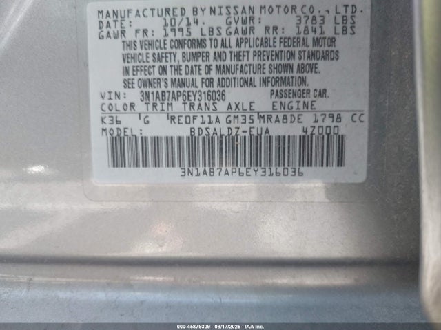 3N1AB7AP6EY316036 Nissan SENTRA SV