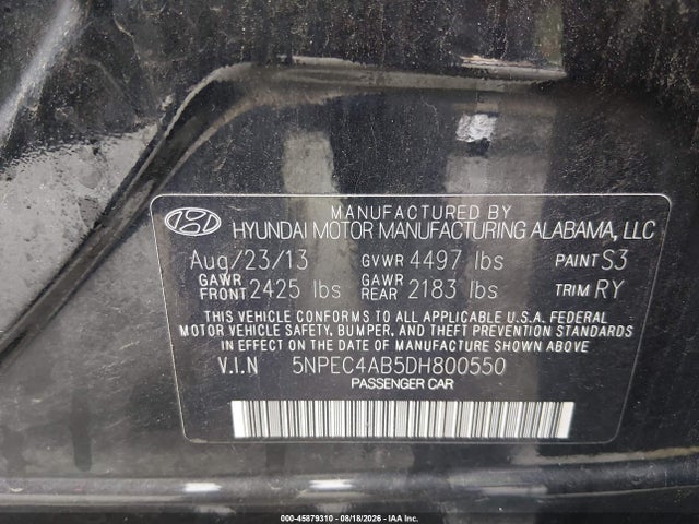 2013 Hyundai Sonata Limited 2.0t მანქანა იყიდება აუქციონზე, vin: 5NPEC4AB5DH800550, აუქციონის ნომერი: 45879310