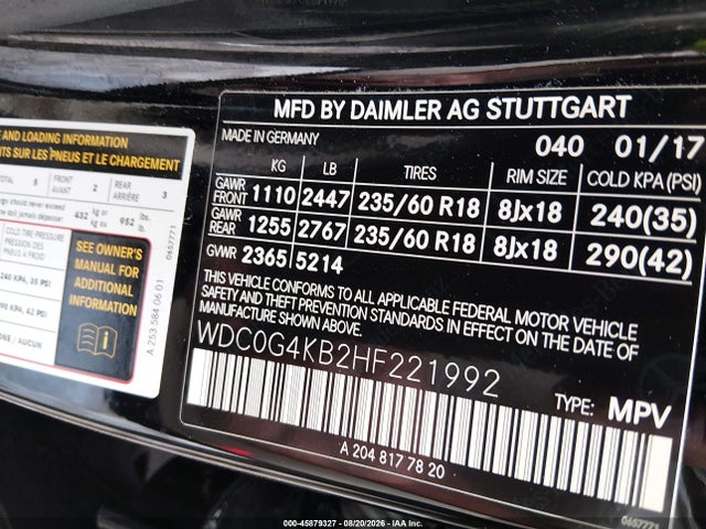 Aukcja sprzedaży 2017 Mercedes-benz Glc 300 4matic, vin: WDC0G4KB2HF221992, numer aukcji: 45879327