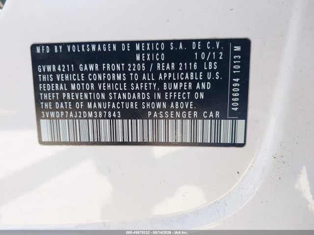 2013 Volkswagen Jetta 2.5l Se მანქანა იყიდება აუქციონზე, vin: 3VWDP7AJ2DM387843, აუქციონის ნომერი: 45879332