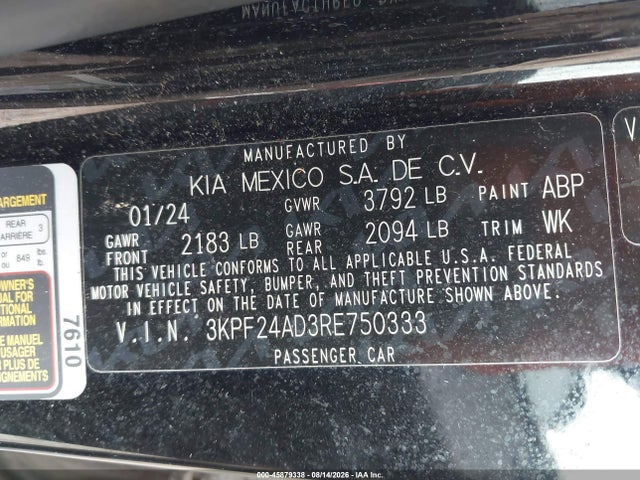 Aukcja sprzedaży 2024 Kia Forte Lxs, vin: 3KPF24AD3RE750333, numer aukcji: 45879338