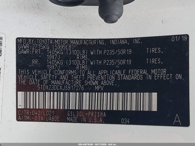 Продажа на аукционе авто 2018 Toyota Sienna Se 8 Passenger, vin: 5TDXZ3DCXJS917276, номер лота: 45879349