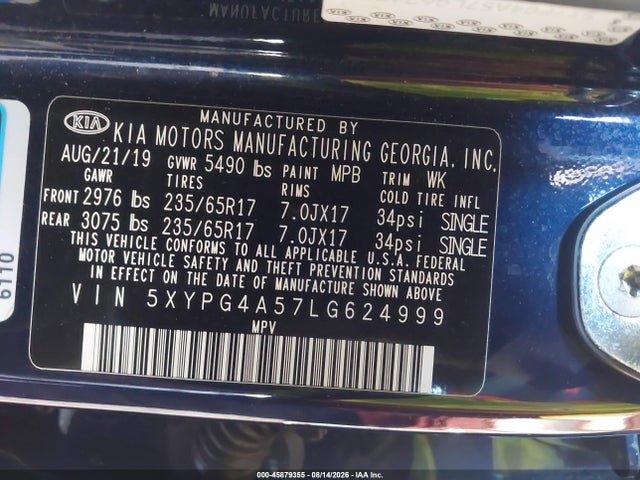 Aukcja sprzedaży 2020 Kia Sorento 3.3l Lx, vin: 5XYPG4A57LG624999, numer aukcji: 45879355