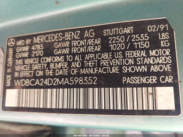 Aukcja sprzedaży 1991 Mercedes-benz 300 Se, vin: WDBCA24D2MA598352, numer aukcji: 45879390