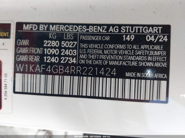 45879395 :رقم المزاد ، W1KAF4GB4RR221424 vin ، 2024 Mercedes-benz C 300 مزاد بيع