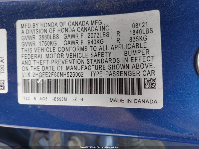 Honda Civic Sport 2022 2HGFE2F50NH526062 Image 9