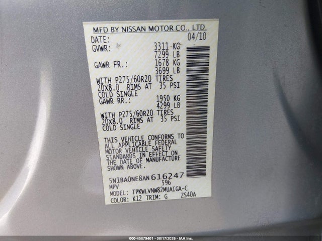 2010 Nissan Armada Platinum მანქანა იყიდება აუქციონზე, vin: 5N1BA0NE8AN616247, აუქციონის ნომერი: 45879401