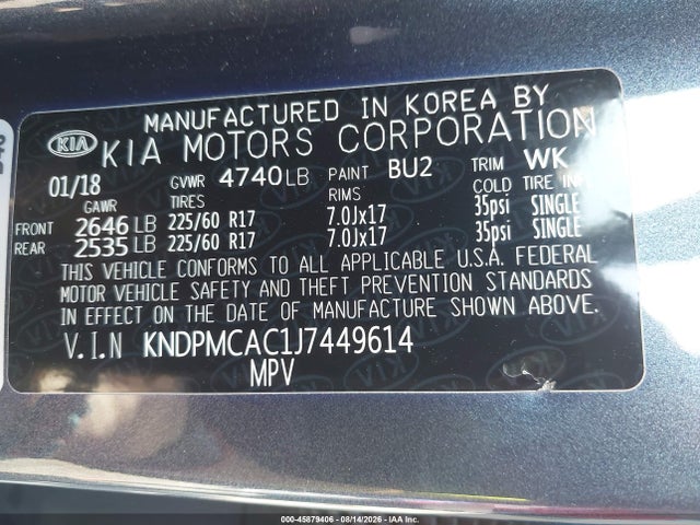 Aukcja sprzedaży 2018 Kia Sportage Lx, vin: KNDPMCAC1J7449614, numer aukcji: 45879406