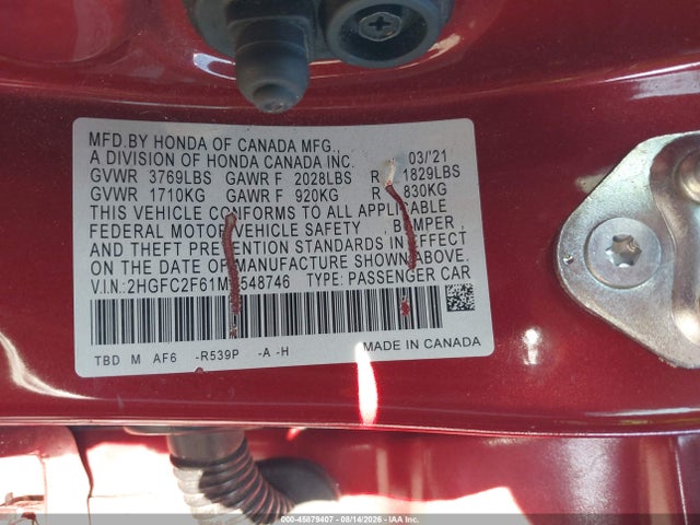 45879407 :رقم المزاد ، 2HGFC2F61MH548746 vin ، 2021 Honda Civic Lx مزاد بيع