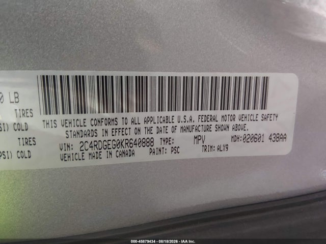 Aukcja sprzedaży 2019 Dodge Grand Caravan Gt, vin: 2C4RDGEG0KR640888, numer aukcji: 45879434