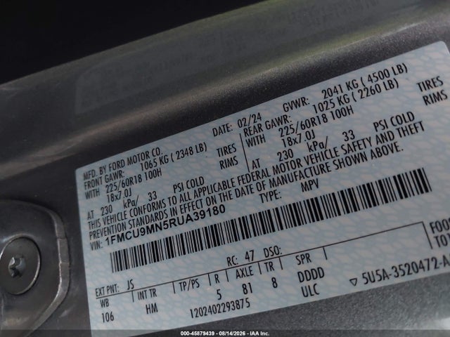 2024 Ford Escape St-line მანქანა იყიდება აუქციონზე, vin: 1FMCU9MN5RUA39180, აუქციონის ნომერი: 45879439
