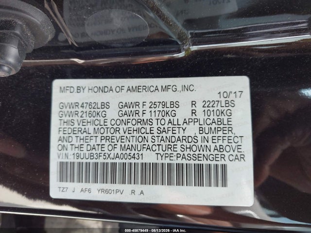 45879449 :رقم المزاد ، 19UUB3F5XJA005431 vin ، 2018 Acura Tlx Tech Pkg مزاد بيع