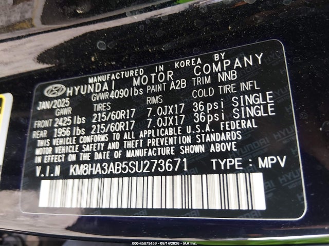 Auction sale of the 2025 Hyundai Kona Se, vin: KM8HA3AB5SU273671, lot number: 45879459