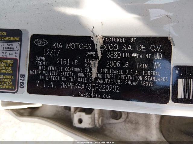 2018 Kia Forte Lx მანქანა იყიდება აუქციონზე, vin: 3KPFK4A73JE220202, აუქციონის ნომერი: 45879458