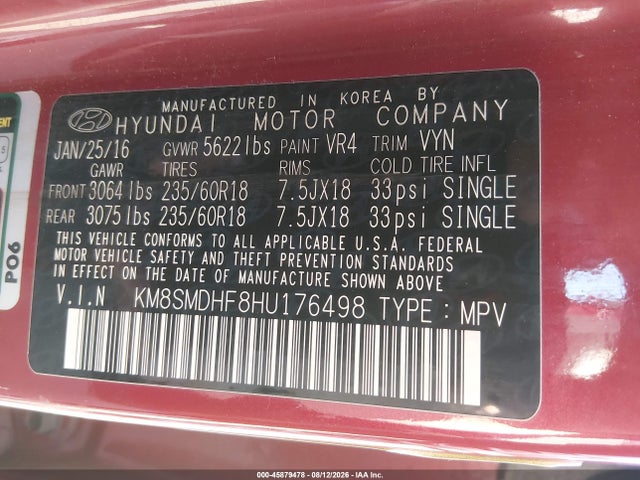 KM8SMDHF8HU176498 Hyundai Santa Fe Se