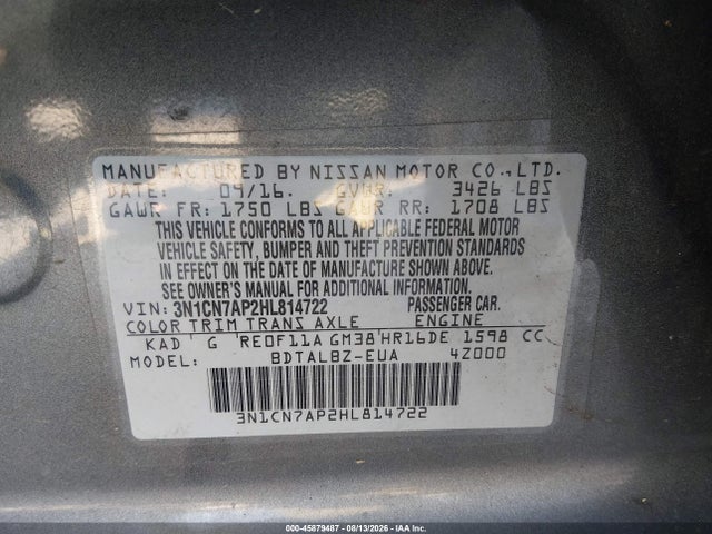 45879487 :رقم المزاد ، 3N1CN7AP2HL814722 vin ، 2017 Nissan Versa 1.6 S/1.6 S+/1.6 Sl/1.6 Sv مزاد بيع