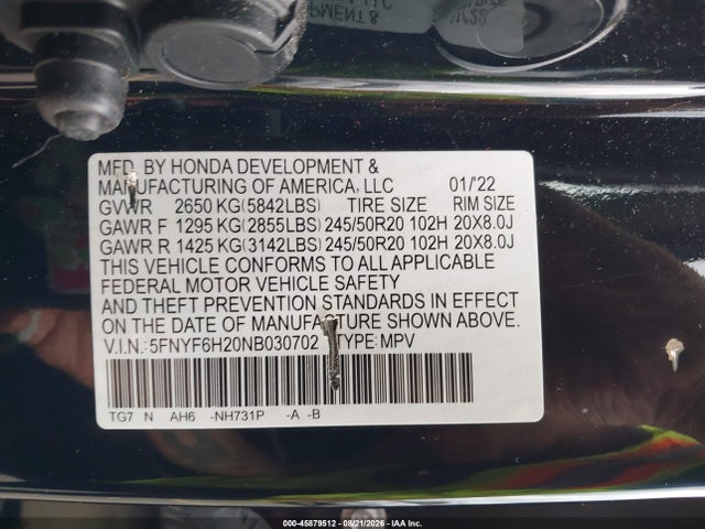 2022 Honda Pilot Awd Special Edition მანქანა იყიდება აუქციონზე, vin: 5FNYF6H20NB030702, აუქციონის ნომერი: 45879512