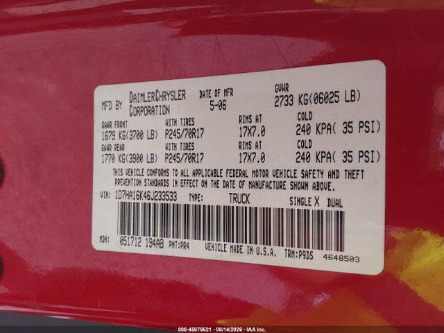 Продаж на аукціоні авто 2006 Dodge Ram 1500 St, vin: 1D7HA16K46J233533, номер лоту: 45879521