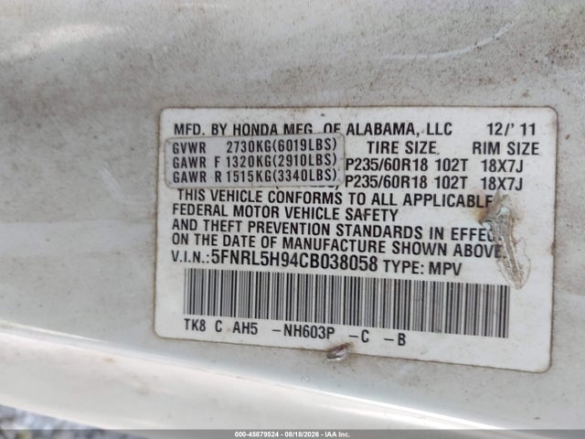 Продаж на аукціоні авто 2012 Honda Odyssey Touring/touring Elite, vin: 5FNRL5H94CB038058, номер лоту: 45879524