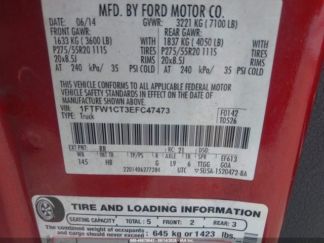 Aukcja sprzedaży 2014 Ford F-150 Lariat, vin: 1FTFW1CT3EFC47473, numer aukcji: 45879543