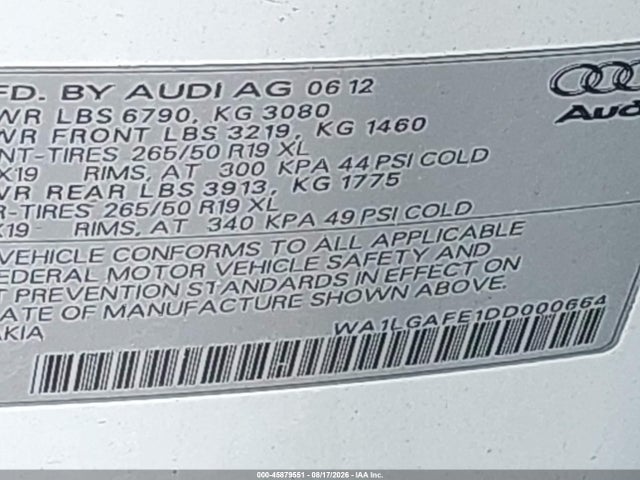 Продажа на аукционе авто 2013 Audi Q7 3.0t Premium, vin: WA1LGAFE1DD000664, номер лота: 45879551