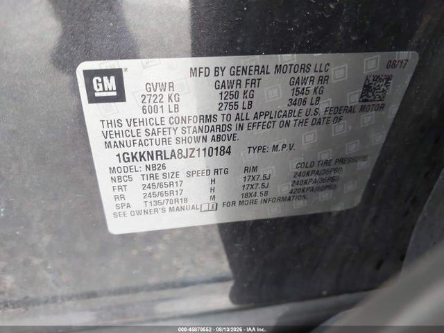 Aukcja sprzedaży 2018 Gmc Acadia Sle-1, vin: 1GKKNRLA8JZ110184, numer aukcji: 45879552