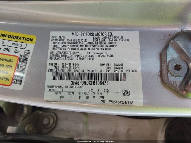 45879559 :رقم المزاد ، 3FA6P0HDXFR108475 vin ، 2015 Ford Fusion Se مزاد بيع