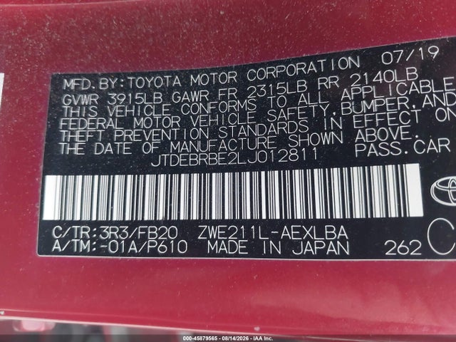 2020 Toyota Corolla Hybrid Le მანქანა იყიდება აუქციონზე, vin: JTDEBRBE2LJ012811, აუქციონის ნომერი: 45879565