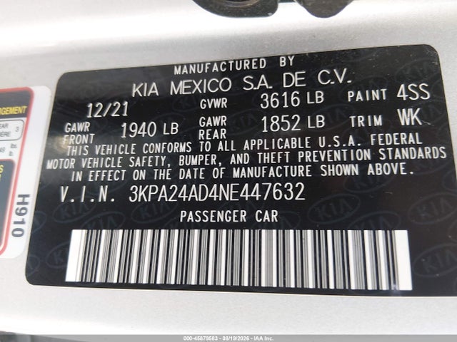 Aukcja sprzedaży 2022 Kia Rio S, vin: 3KPA24AD4NE447632, numer aukcji: 45879583