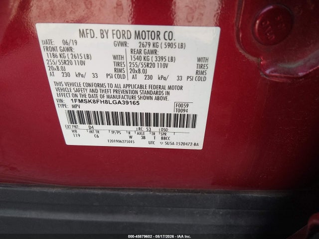 45879602 :رقم المزاد ، 1FMSK8FH8LGA39165 vin ، 2020 Ford Explorer Limited مزاد بيع