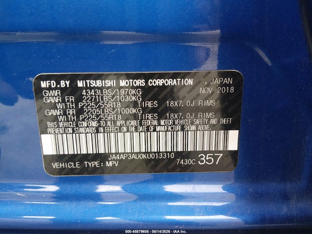 Aukcja sprzedaży 2019 Mitsubishi Outlander Sport 2.0 Es, vin: JA4AP3AU0KU013310, numer aukcji: 45879608