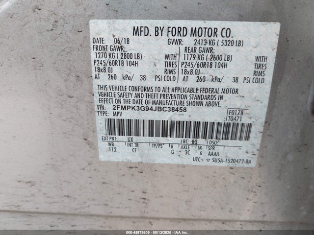 Продаж на аукціоні авто 2018 Ford Edge Se, vin: 2FMPK3G94JBC38458, номер лоту: 45879609