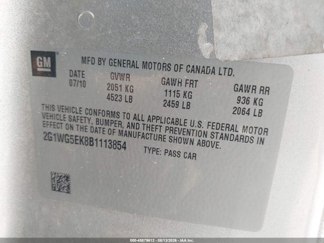 Продажа на аукционе авто 2011 Chevrolet Impala Lt, vin: 2G1WG5EK8B1113854, номер лота: 45879612