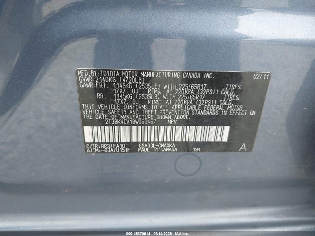 Продажа на аукционе авто 2011 Toyota Rav4 Base V6, vin: 2T3BK4DV1BW050467, номер лота: 45879614