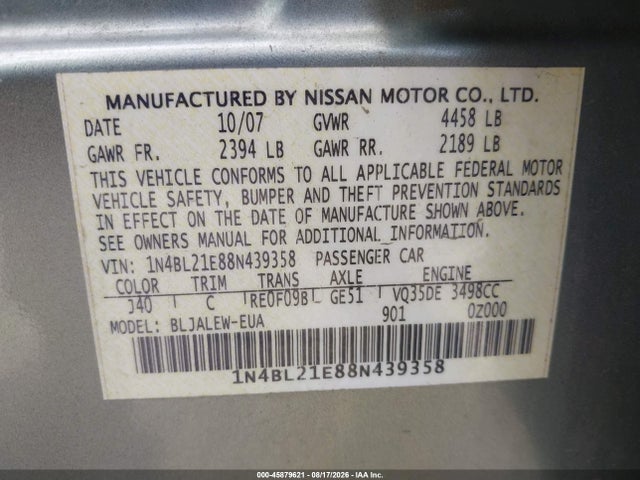 45879621 :رقم المزاد ، 1N4BL21E88N439358 vin ، 2008 Nissan Altima 3.5 Sl مزاد بيع