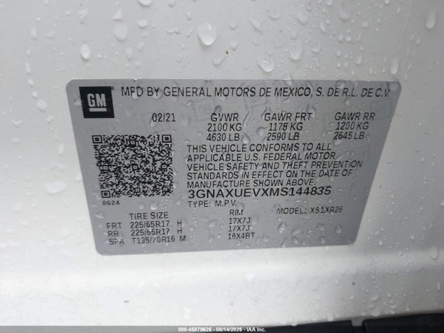 2021 Chevrolet Equinox Awd Lt მანქანა იყიდება აუქციონზე, vin: 3GNAXUEVXMS144835, აუქციონის ნომერი: 45879626