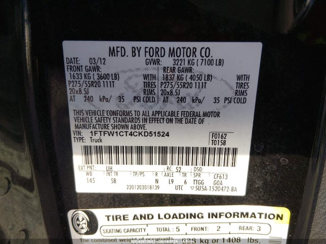 Продажа на аукционе авто 2012 Ford F-150 Fx2, vin: 1FTFW1CT4CKD51524, номер лота: 45879651