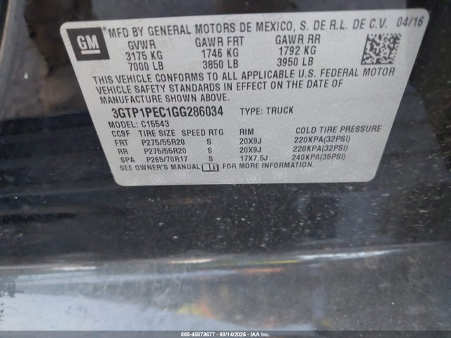 2016 Gmc Sierra 1500 Denali მანქანა იყიდება აუქციონზე, vin: 3GTP1PEC1GG286034, აუქციონის ნომერი: 45879677