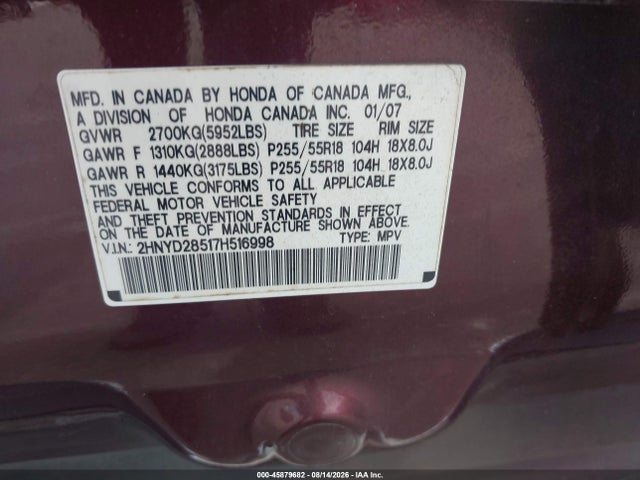 45879682 :رقم المزاد ، 2HNYD28517H516998 vin ، 2007 Acura Mdx Sport Package مزاد بيع
