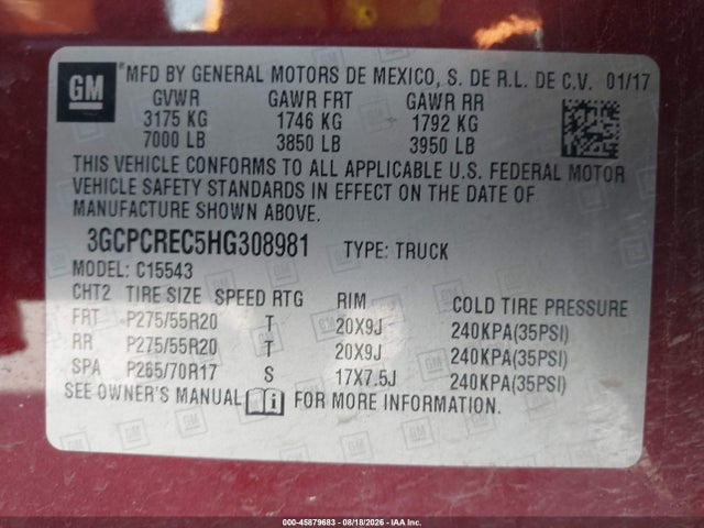 Aukcja sprzedaży 2017 Chevrolet Silverado 1500 Lt, vin: 3GCPCREC5HG308981, numer aukcji: 45879683