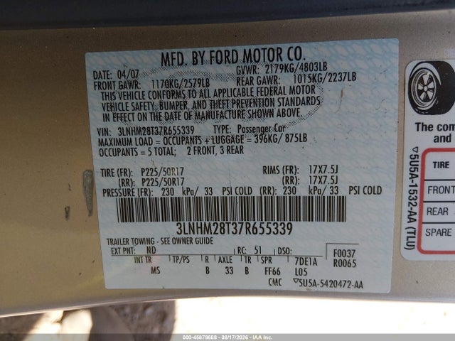 Продаж на аукціоні авто 2007 Lincoln Mkz, vin: 3LNHM28T37R655339, номер лоту: 45879688