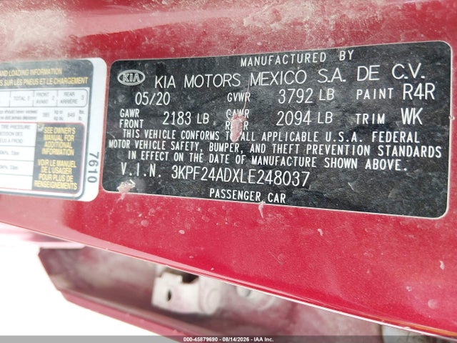 2020 Kia Forte Lxs მანქანა იყიდება აუქციონზე, vin: 3KPF24ADXLE248037, აუქციონის ნომერი: 45879690