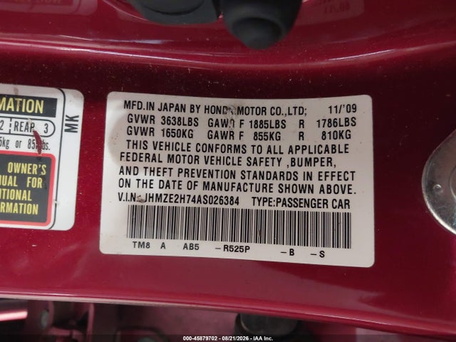 Aukcja sprzedaży 2010 Honda Insight Ex, vin: JHMZE2H74AS026384, numer aukcji: 45879702